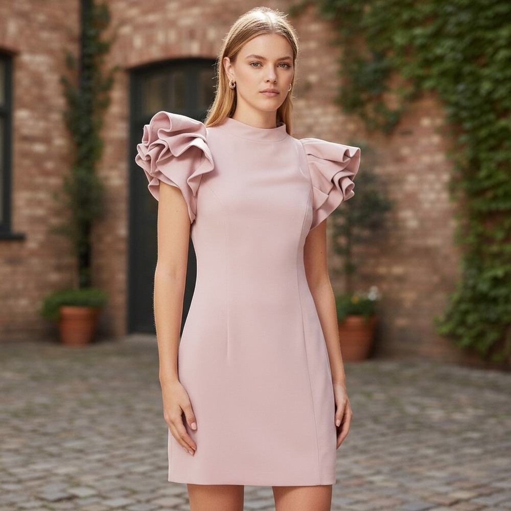 Eliatt Tanner Mini Dress Pink Ruffle Sleeve Mock Neck Sheath Coquette Barbicore